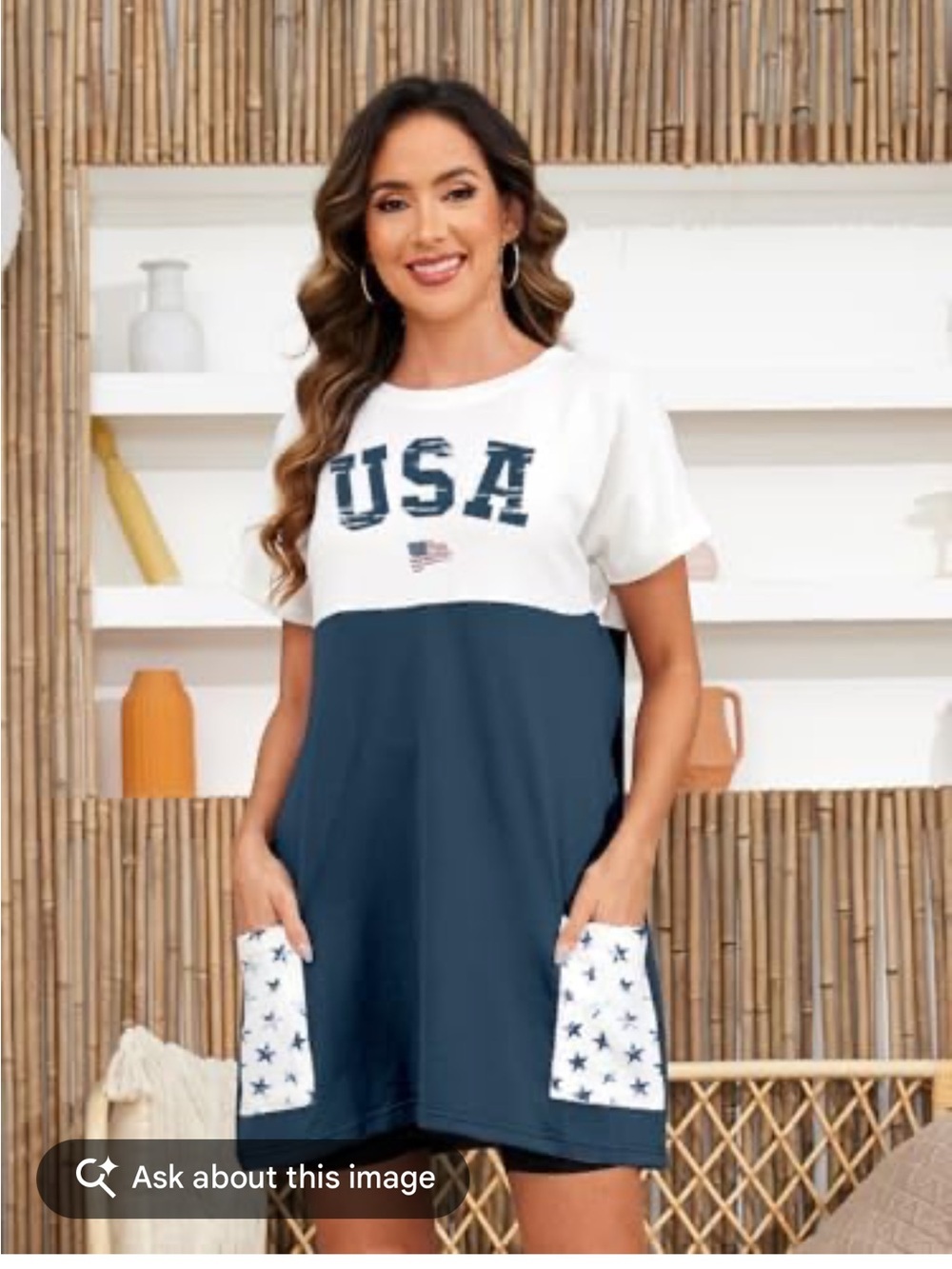 USA Patriotic Colorblock Lounge Dress Casual Comfy Pocket T-Shirt Dress Medium